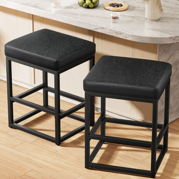Faux Leather Counter Stools Set of 2, 24 Inch, Black