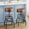 Industrial Vintage Adjustable Bar Stools Set of 2, 22-29 Inch, Brown