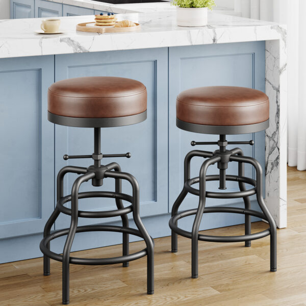 Industrial Vintage Adjustable Bar Stools Set of 2, 22-29 Inch, Brown