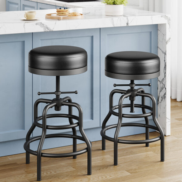 Industrial Vintage Adjustable Bar Stools Set of 2, 22-29 Inch, Black