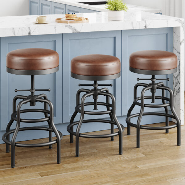 Industrial Vintage Adjustable Bar Stools Set of 3, 22-29 Inch, Brown