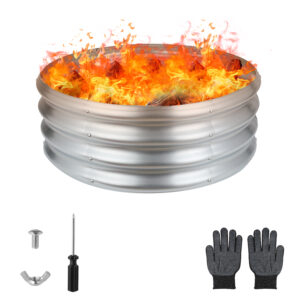24 Inch Round Galvanized Fire Pit Ring, 2 Feet, Silver