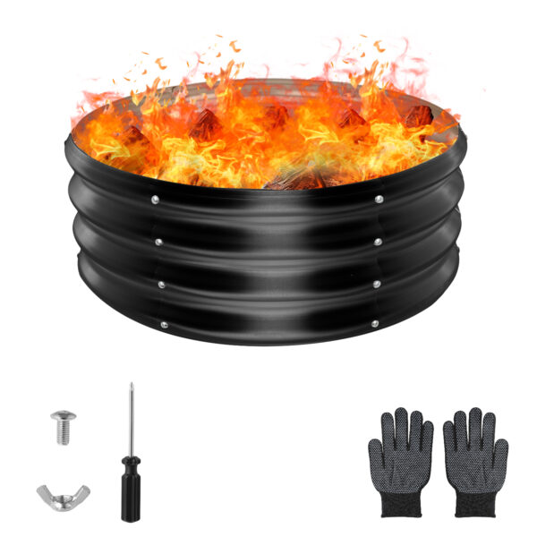 24 Inch Round Galvanized Fire Pit Ring, 2 Feet, Black
