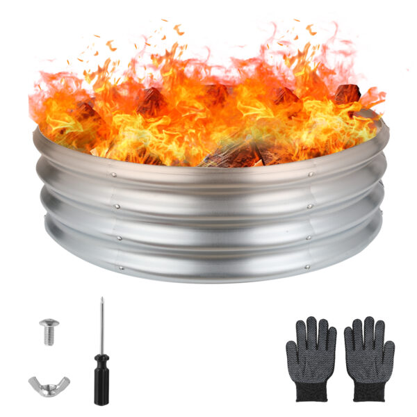 36 Inch Round Galvanized Fire Pit Ring, 3 Feet, Silver