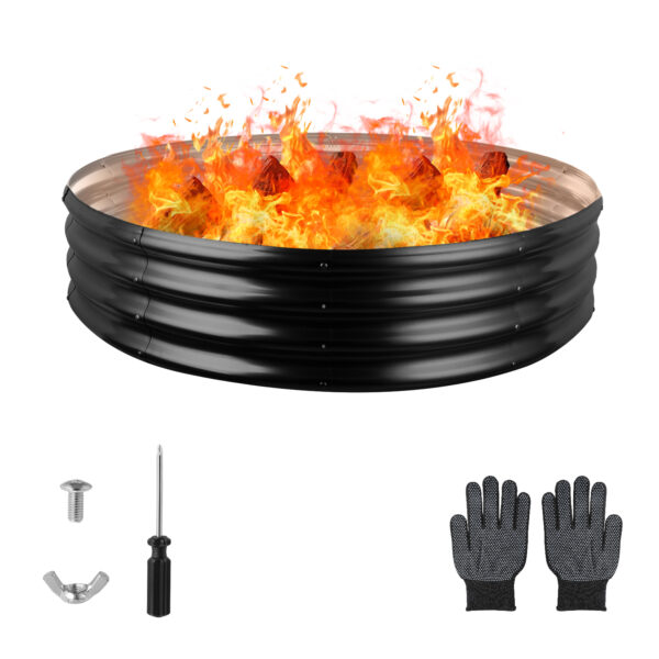 48 Inch Round Galvanized Fire Pit Ring, 4 Feet, Black
