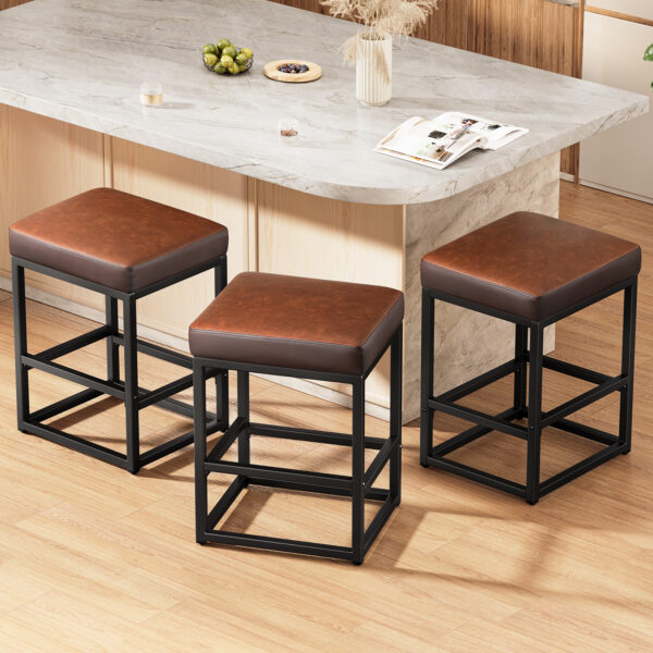 Faux Leather Counter Stools Set of 3, 24 Inch, Brown