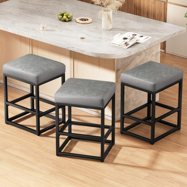 Faux Leather Counter Stools Set of 3, 24 Inch, Grey