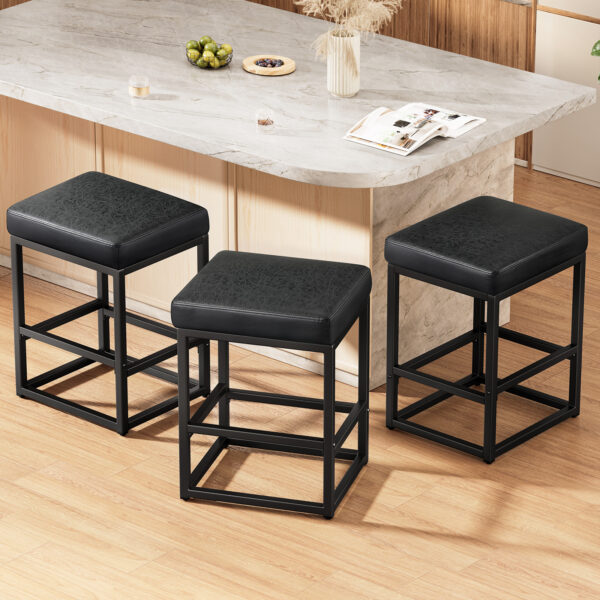 Faux Leather Counter Stools Set of 3, 24 Inch, Black