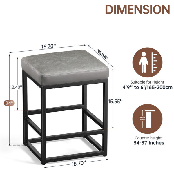 Faux Leather Counter Stool, 24 Inch, Grey