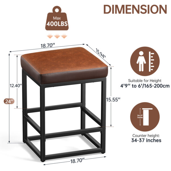 Faux Leather Counter Stools Set of 3, 24 Inch, Brown