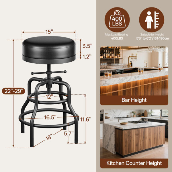 Industrial Vintage Adjustable Bar Stools Set of 3, 22-29 Inch, Black
