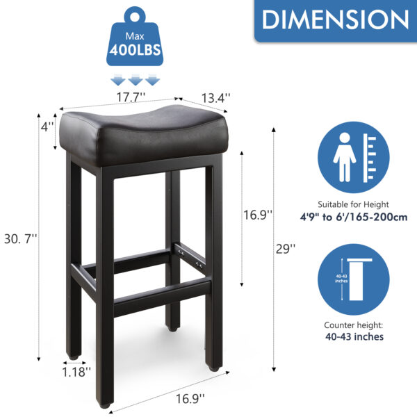 Counter Height Bar Stools Set of 2, 29 Inch, All Black