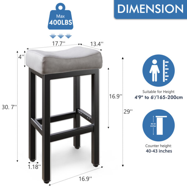 Counter Height Bar Stools Set of 2, 29 Inch, Grey+Black