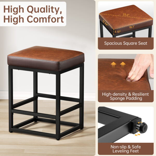 Faux Leather Counter Stools Set of 3, 24 Inch, Brown