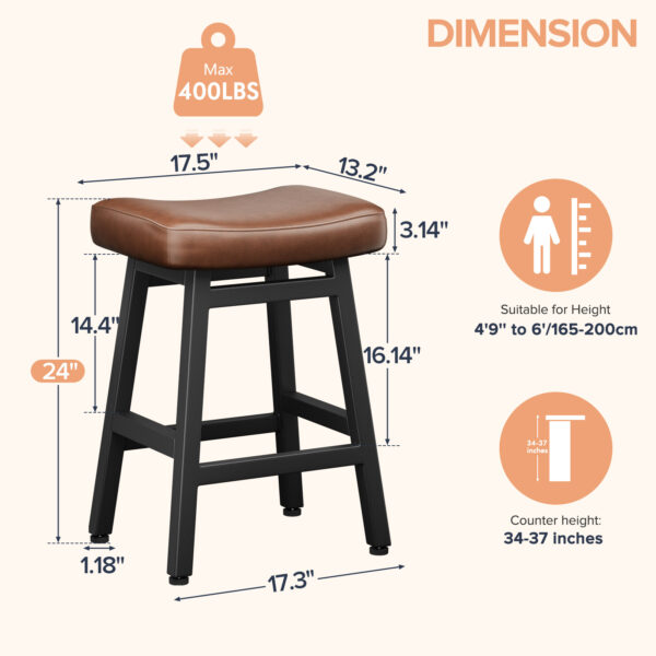 Kitchen Bar Stools Set of 3, 24 Inch, Brown+Black