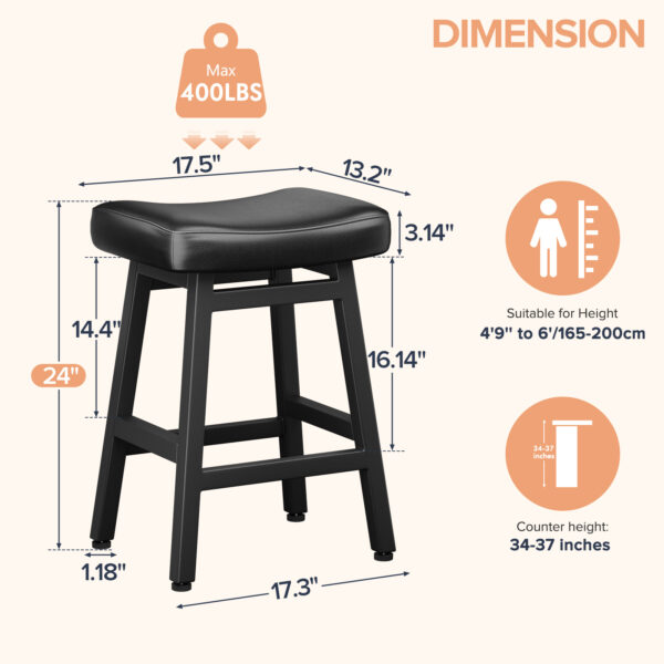 Kitchen Bar Stools Set of 2, 24 Inch, Black