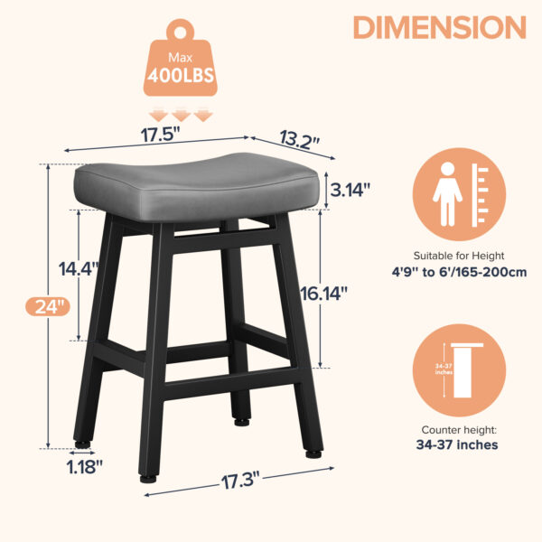 Kitchen Bar Stools Set of 2, 24 Inch, Grey+Black