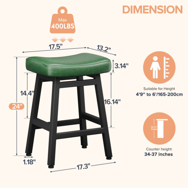 Kitchen Bar Stools Set of 2, 24 Inch, Forest Green