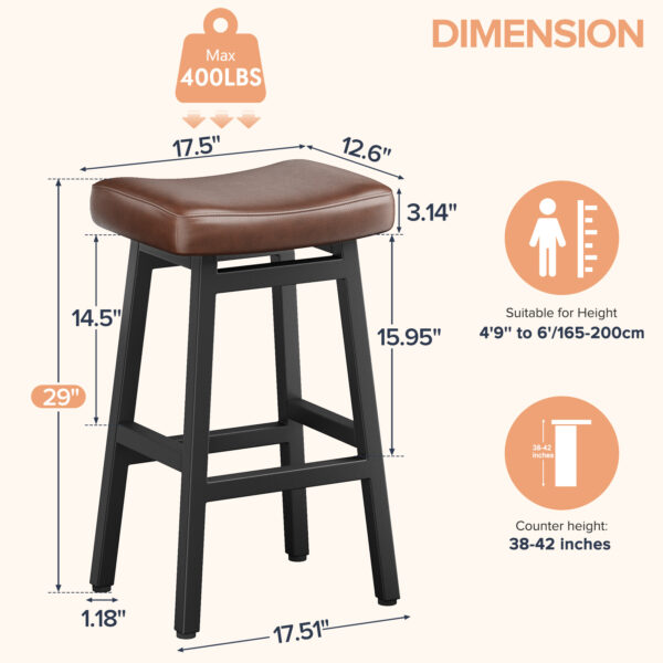 Kitchen Bar Stools Set of 2, 29 Inch, Brown+Black