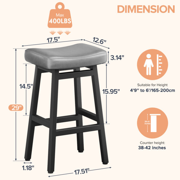Kitchen Bar Stools Set of 2, 29 Inch, Grey+Black