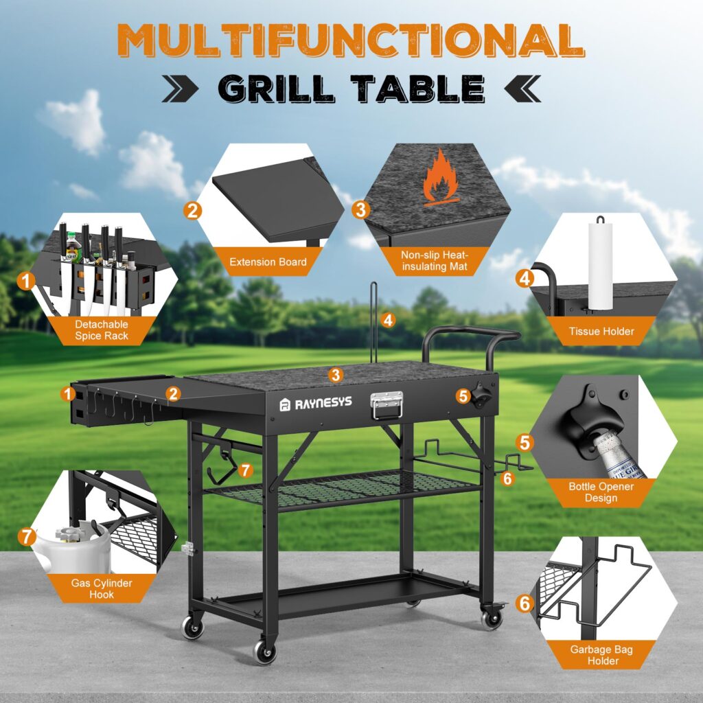 Storage Rack Back Grill Folding Outdoor Grill Cart, 440 LBS, With 2-Tier Storage Rack – Raynesys