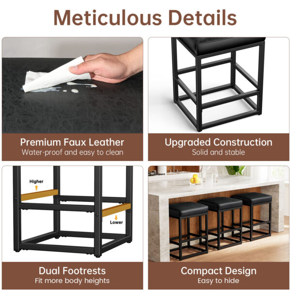 Faux Leather Counter Stools Set of 3, 24 Inch, Black
