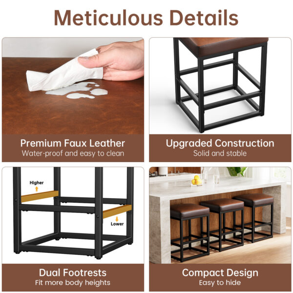 Faux Leather Counter Stools Set of 3, 24 Inch, Brown