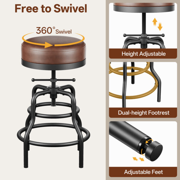Industrial Vintage Adjustable Bar Stools Set of 3, 22-29 Inch, Brown