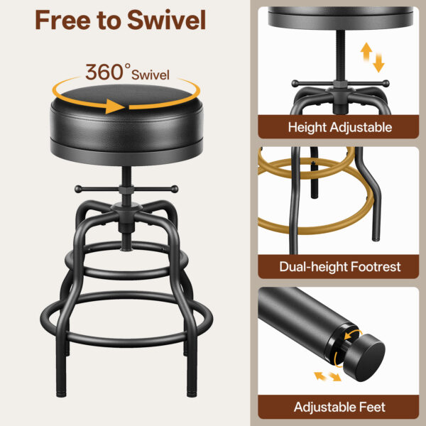 Industrial Vintage Adjustable Bar Stools Set of 3, 22-29 Inch, Black