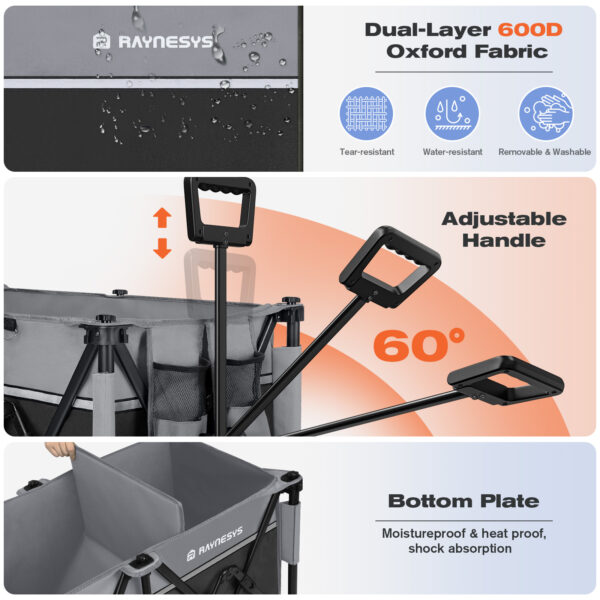 Collapsible Wagon with Large Casters, 200L & 440lbs, Black+Grey