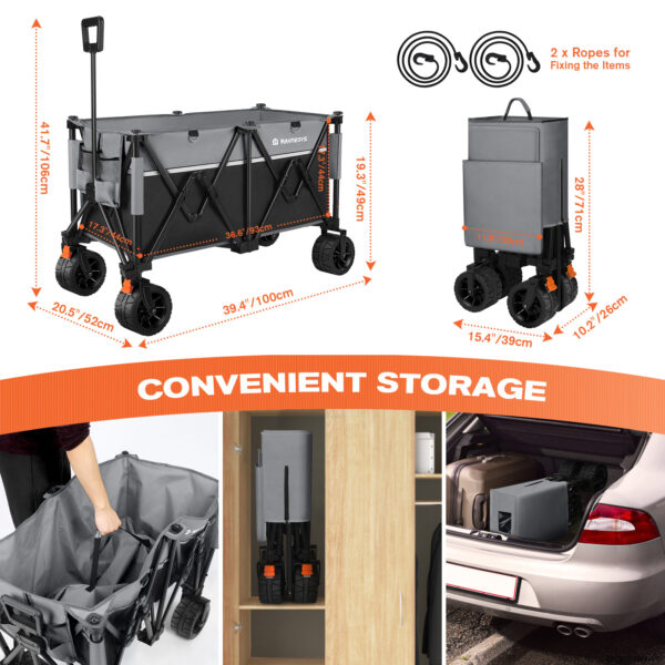 Collapsible Wagon with Large Casters, 200L & 440lbs, Black+Grey