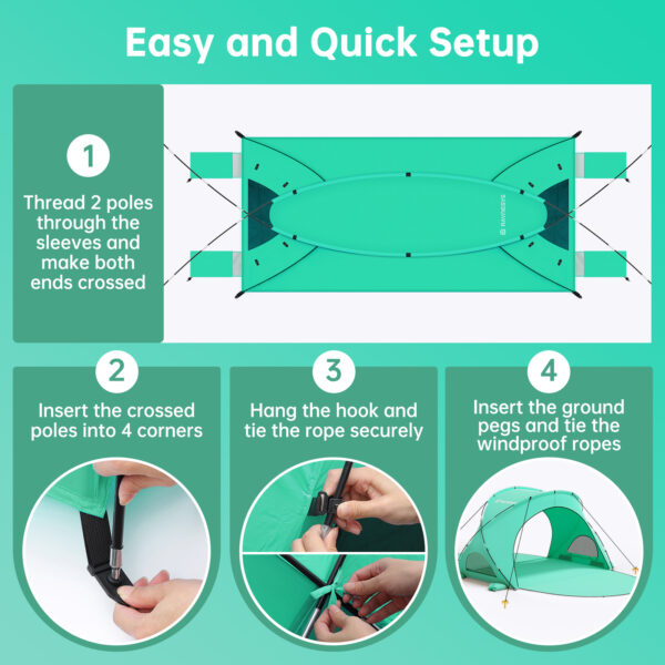 6 Beach Tent, with UPF50+ UV Protection, 3 Persons, Mint Green