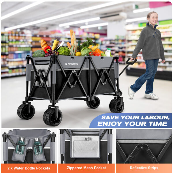 Collapsible Wagon with Large Casters, 200L & 440lbs, Black+Grey