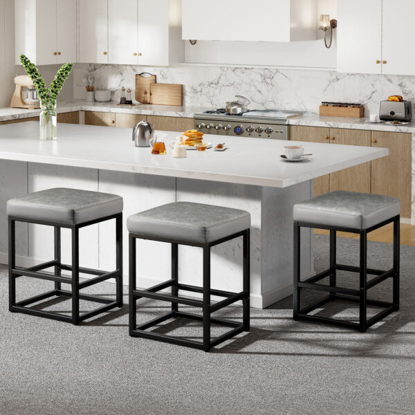 Faux Leather Counter Stools Set of 3, 24 Inch, Grey