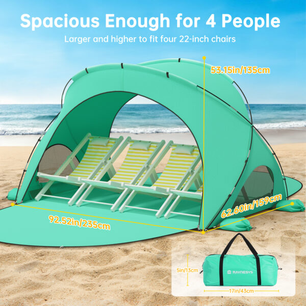 Beach Tent, with UPF50+ UV Protection, 4 Persons, Mint Green