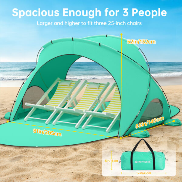 7 Beach Tent, with UPF50+ UV Protection, 3 Persons, Mint Green