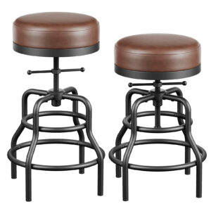 Industrial Vintage Adjustable Bar Stools Set of 2, 22-29 Inch, Brown
