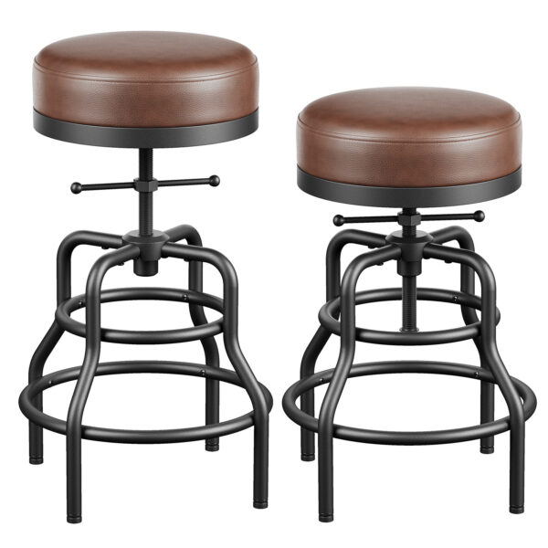 Industrial Vintage Adjustable Bar Stools Set of 2, 22-29 Inch, Brown