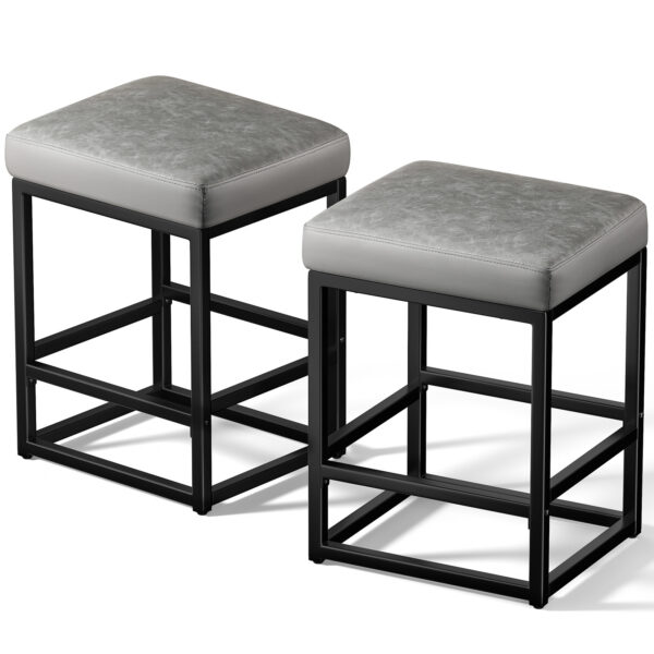 Faux Leather Counter Stools Set of 2, 24 Inch, Grey