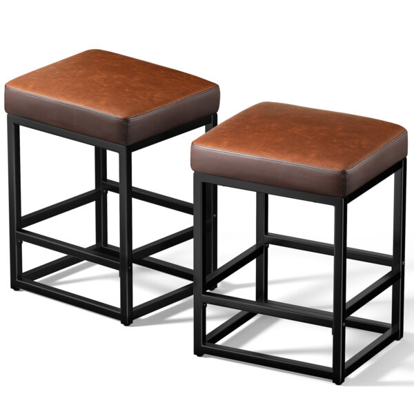 Faux Leather Counter Stools Set of 2, 24 Inch, Brown