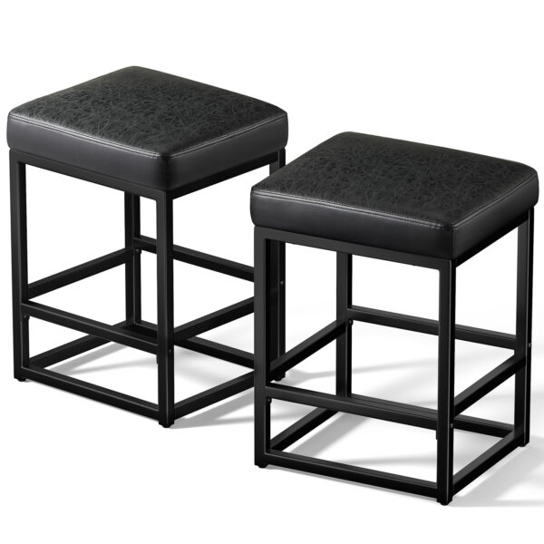 Faux Leather Counter Stools Set of 2, 24 Inch, Black