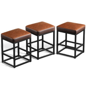 Faux Leather Counter Stools Set of 3, 24 Inch, Brown