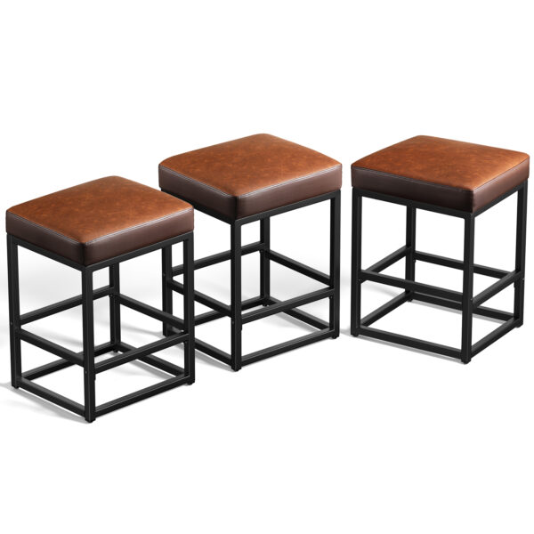 Faux Leather Counter Stools Set of 3, 24 Inch, Brown