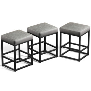 Faux Leather Counter Stools Set of 3, 24 Inch, Grey