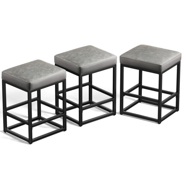 Faux Leather Counter Stools Set of 3, 24 Inch, Grey