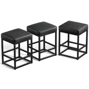 Faux Leather Counter Stools Set of 3, 24 Inch, Black