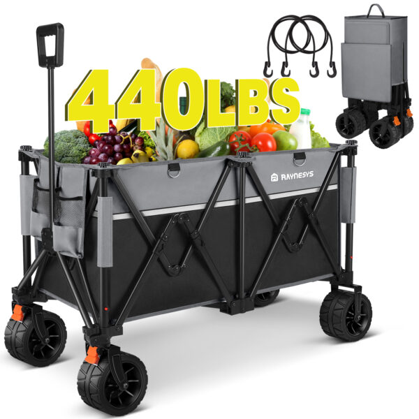 Collapsible Wagon with Large Casters, 200L & 440lbs, Black+Grey