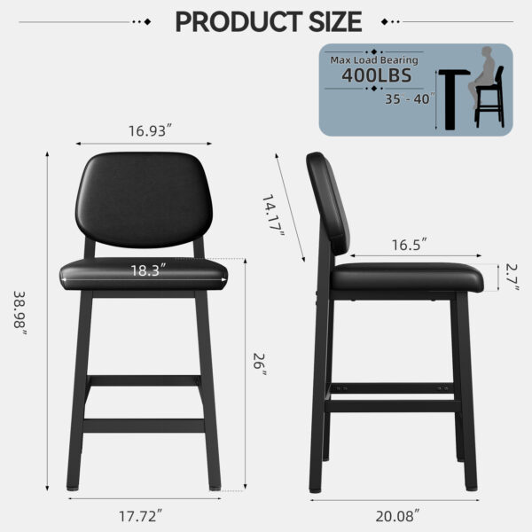 Counter Height Bar Stools with Expansive Seat, 26 Inch, Black