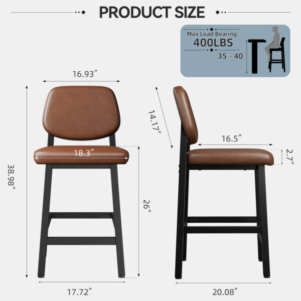 Counter Height Bar Stools with Expansive Seat, 26 Inch, Brown