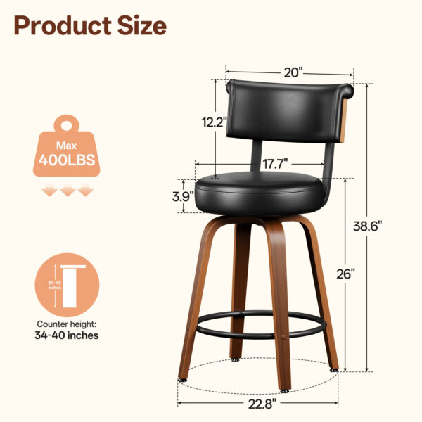 Swivel Counter Height Bar Stools, 26 Inch, Black
